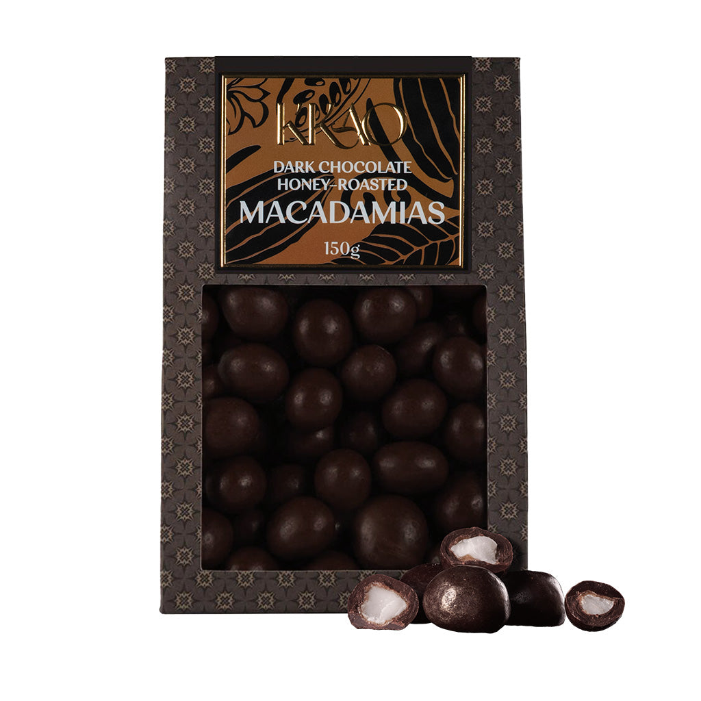 Honey-roasted Macadamias coated in Dark Chocolate