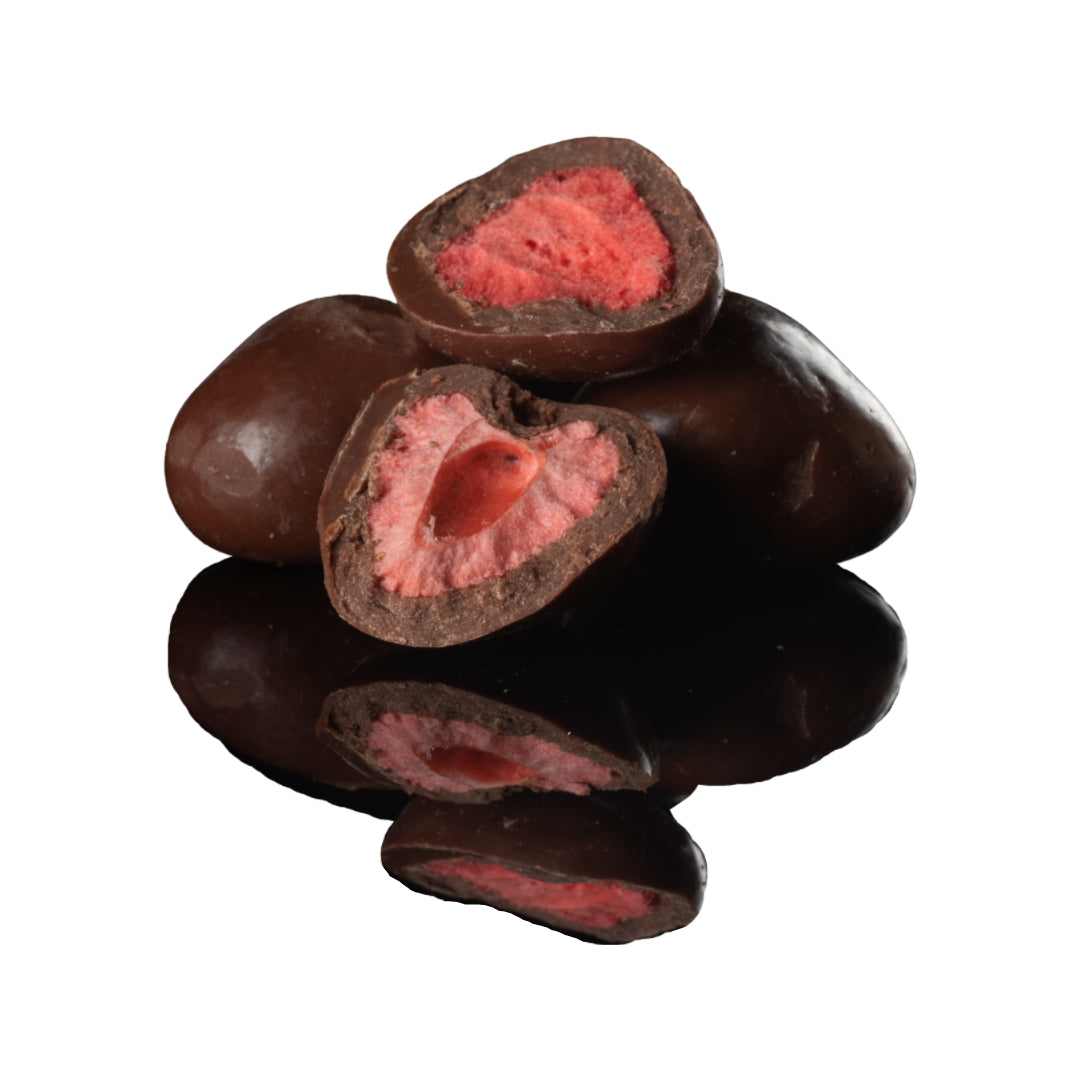 Freeze dried strawberries coated in Dark Chocolate
